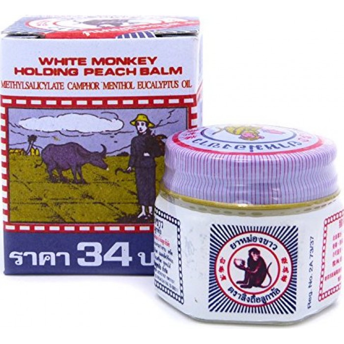 White Monkey Holding Peach Balm 12g Jar - Relief of Muscular Aches and Itchiness